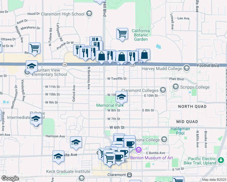 map of restaurants, bars, coffee shops, grocery stores, and more near 1017 North Yale Avenue in Claremont