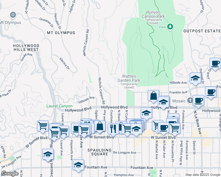 map of restaurants, bars, coffee shops, grocery stores, and more near 1851 North Stanley Avenue in West Hollywood