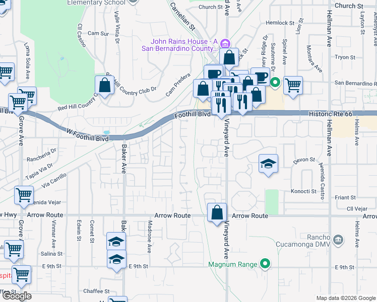 map of restaurants, bars, coffee shops, grocery stores, and more near 8723 Timberwood Court in Rancho Cucamonga