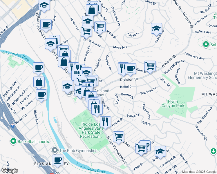 map of restaurants, bars, coffee shops, grocery stores, and more near 3104 Division Street in Los Angeles