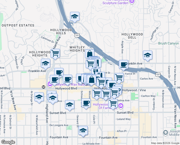 map of restaurants, bars, coffee shops, grocery stores, and more near Wilcox Avenue & Yucca Street in Los Angeles