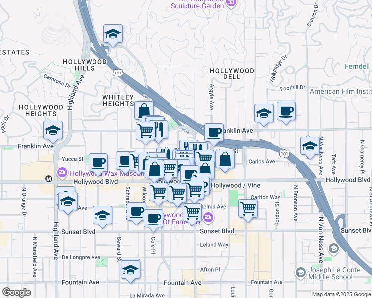 map of restaurants, bars, coffee shops, grocery stores, and more near 6317 Yucca Street in Los Angeles