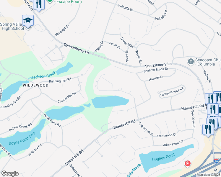 map of restaurants, bars, coffee shops, grocery stores, and more near 404 Oak Brook Drive in Columbia