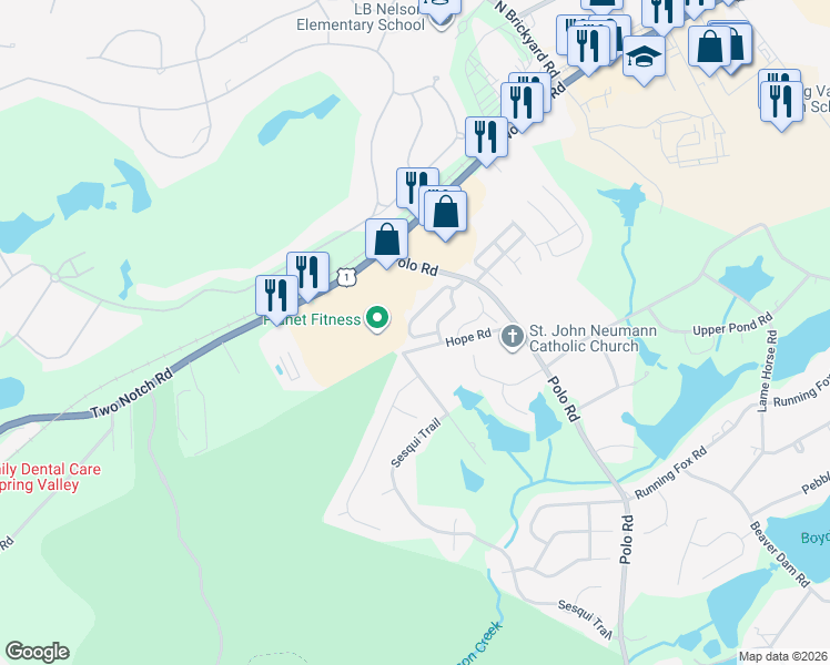 map of restaurants, bars, coffee shops, grocery stores, and more near 37 Polo Ridge Circle in Columbia