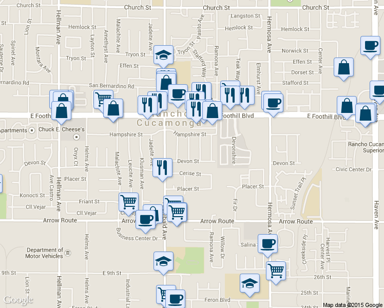 map of restaurants, bars, coffee shops, grocery stores, and more near 8255 Malven Avenue in Rancho Cucamonga