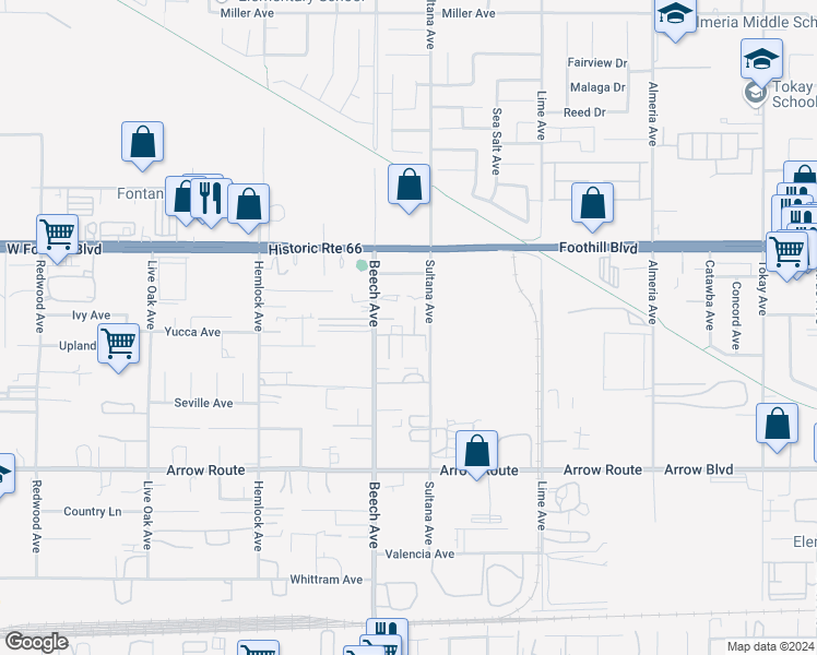 map of restaurants, bars, coffee shops, grocery stores, and more near 8242 Goldmine Avenue in Fontana