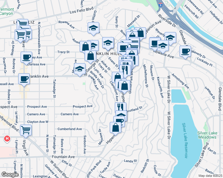 map of restaurants, bars, coffee shops, grocery stores, and more near 2366 Lyric Avenue in Los Angeles
