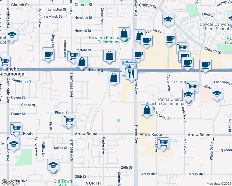 map of restaurants, bars, coffee shops, grocery stores, and more near 8200 Haven Avenue in Rancho Cucamonga