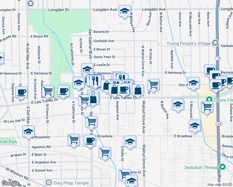 map of restaurants, bars, coffee shops, grocery stores, and more near 927 East Las Tunas Drive in San Gabriel