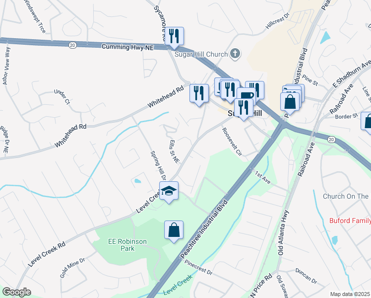 map of restaurants, bars, coffee shops, grocery stores, and more near 1052 Level Creek Road in Buford