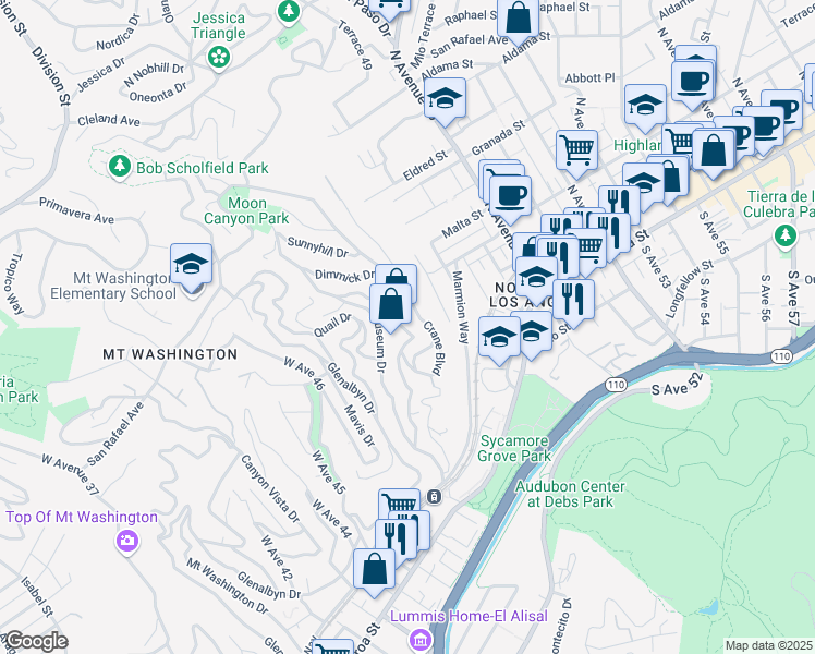 map of restaurants, bars, coffee shops, grocery stores, and more near 442 Rustic Drive in Los Angeles