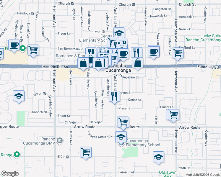 map of restaurants, bars, coffee shops, grocery stores, and more near 8242 Archibald Avenue in Rancho Cucamonga
