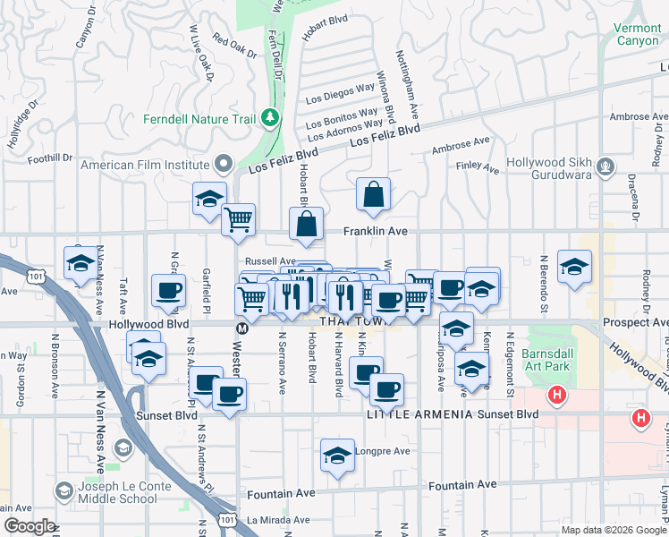 map of restaurants, bars, coffee shops, grocery stores, and more near 1808 North Harvard Boulevard in Los Angeles