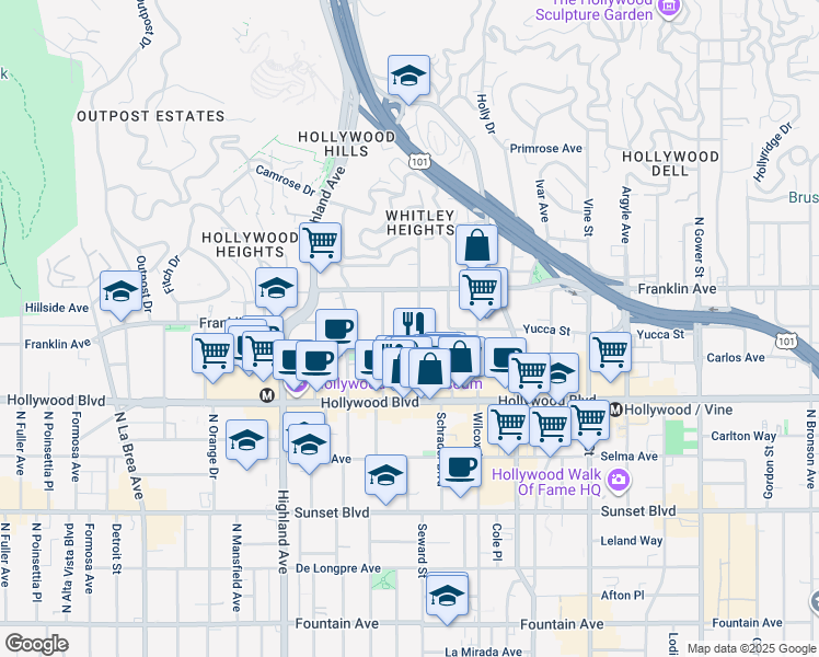 map of restaurants, bars, coffee shops, grocery stores, and more near 1825 North Whitley Avenue in Los Angeles