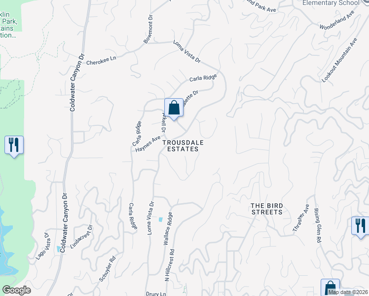 map of restaurants, bars, coffee shops, grocery stores, and more near 301 Trousdale Place in Beverly Hills