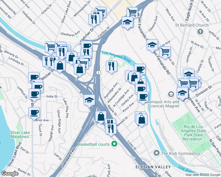 map of restaurants, bars, coffee shops, grocery stores, and more near 2833 Partridge Avenue in Los Angeles
