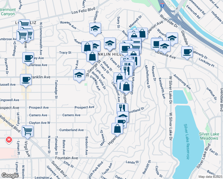 map of restaurants, bars, coffee shops, grocery stores, and more near 2373 Lyric Avenue in Los Angeles