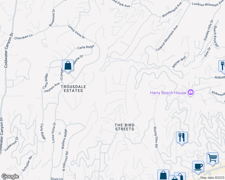 map of restaurants, bars, coffee shops, grocery stores, and more near 9251 Nightingale Drive in Los Angeles