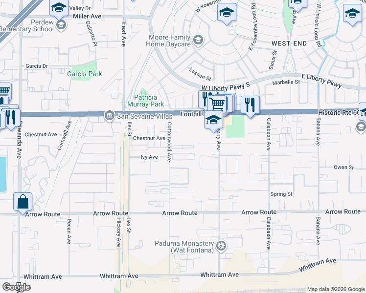 map of restaurants, bars, coffee shops, grocery stores, and more near 8239 Cottonwood Avenue in Fontana