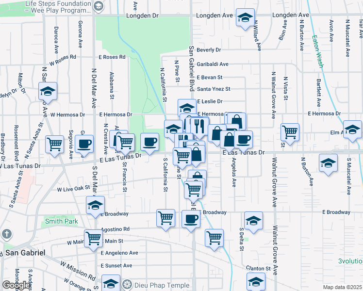 map of restaurants, bars, coffee shops, grocery stores, and more near 124 North Pine Street in San Gabriel
