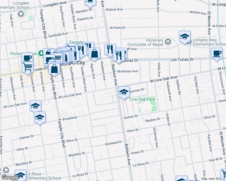 map of restaurants, bars, coffee shops, grocery stores, and more near 9970 Live Oak Avenue in Temple City