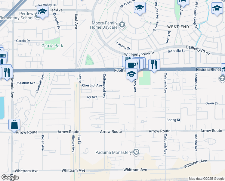 map of restaurants, bars, coffee shops, grocery stores, and more near 8239 Cottonwood Avenue in Fontana