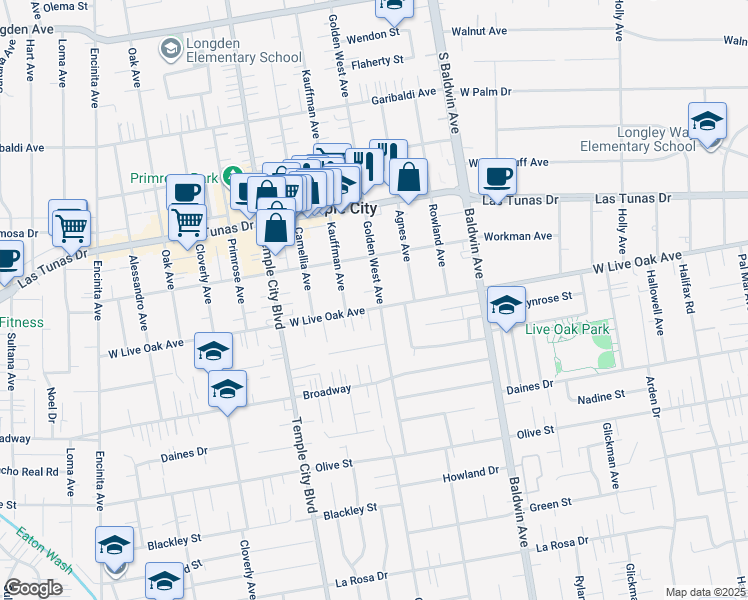 map of restaurants, bars, coffee shops, grocery stores, and more near 5709 Golden West Avenue in Temple City
