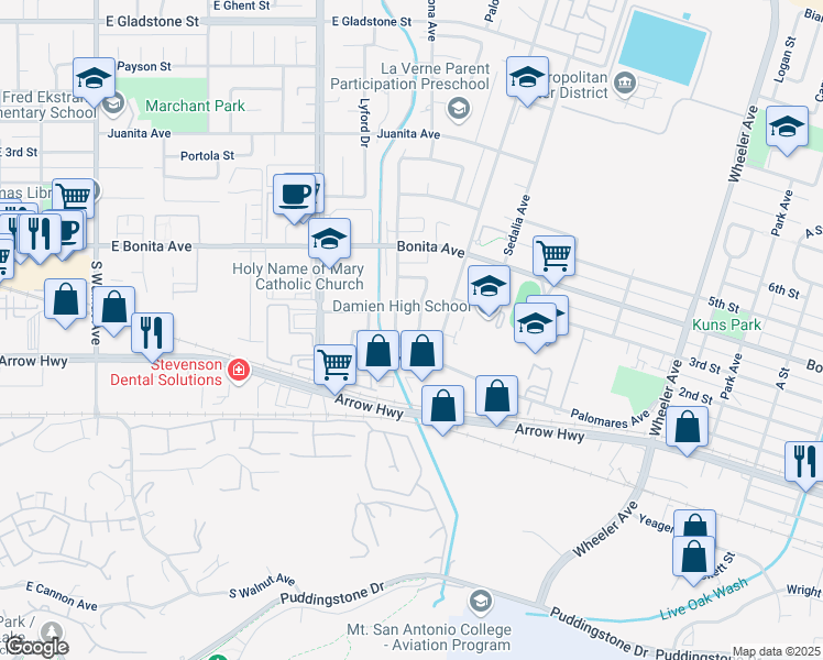 map of restaurants, bars, coffee shops, grocery stores, and more near 2115 Stratford Way in La Verne