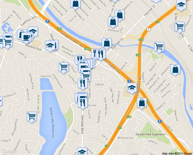 map of restaurants, bars, coffee shops, grocery stores, and more near 2650 Lake View Avenue in Los Angeles