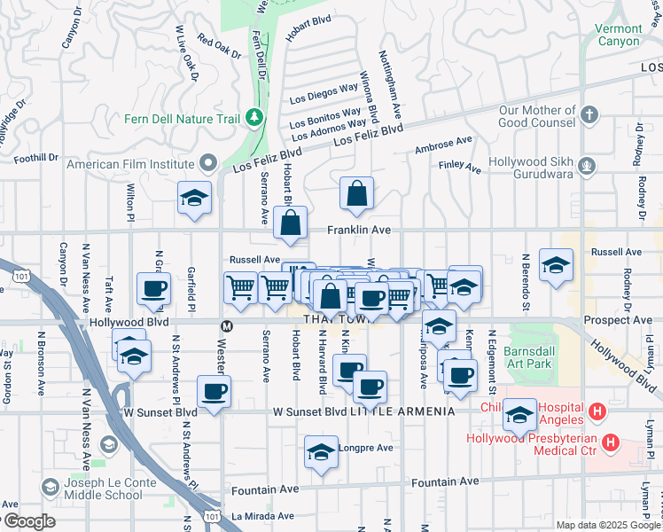 map of restaurants, bars, coffee shops, grocery stores, and more near 1811 North Kingsley Drive in Los Angeles