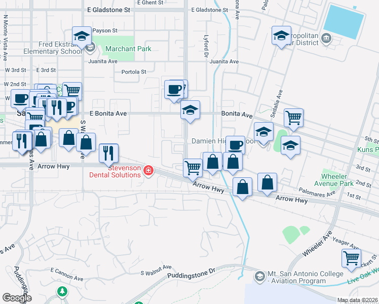 map of restaurants, bars, coffee shops, grocery stores, and more near 304 South San Dimas Canyon Road in San Dimas