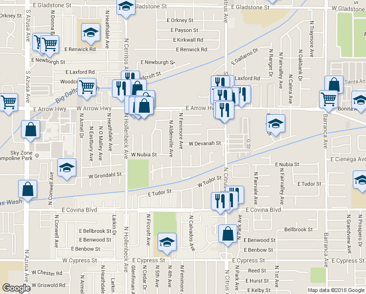 map of restaurants, bars, coffee shops, grocery stores, and more near 264 West Devanah Street in Covina