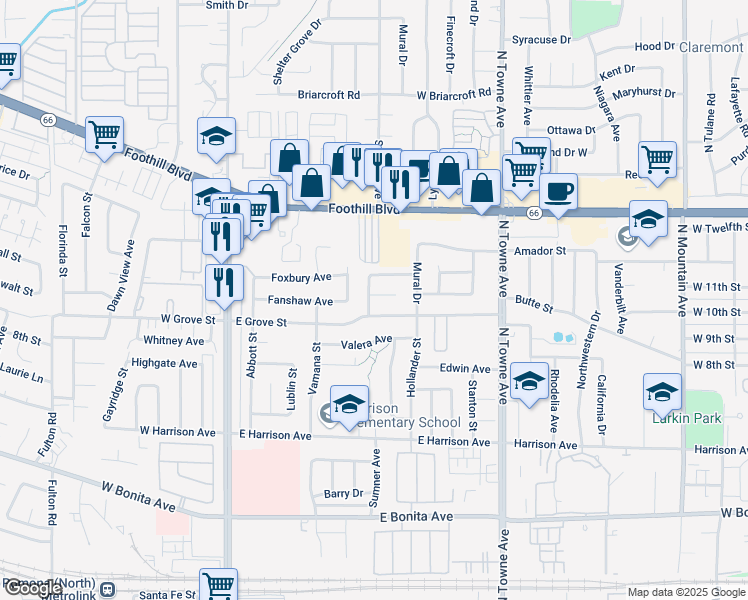 map of restaurants, bars, coffee shops, grocery stores, and more near 404 Foxpark Drive in Pomona