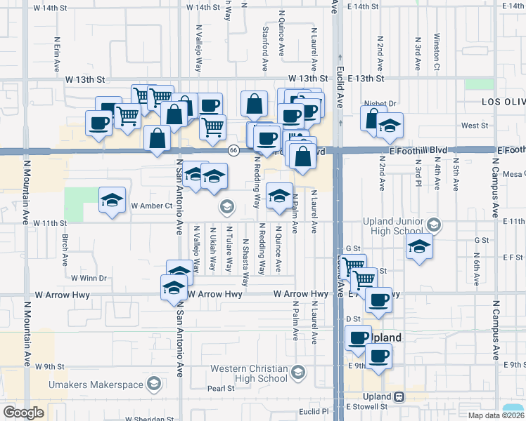 map of restaurants, bars, coffee shops, grocery stores, and more near 830 North Redding Way in Upland