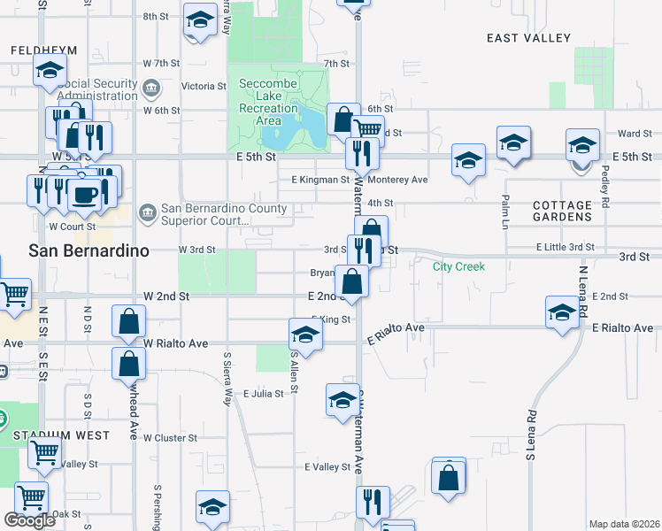map of restaurants, bars, coffee shops, grocery stores, and more near 258 Bryant Street in San Bernardino