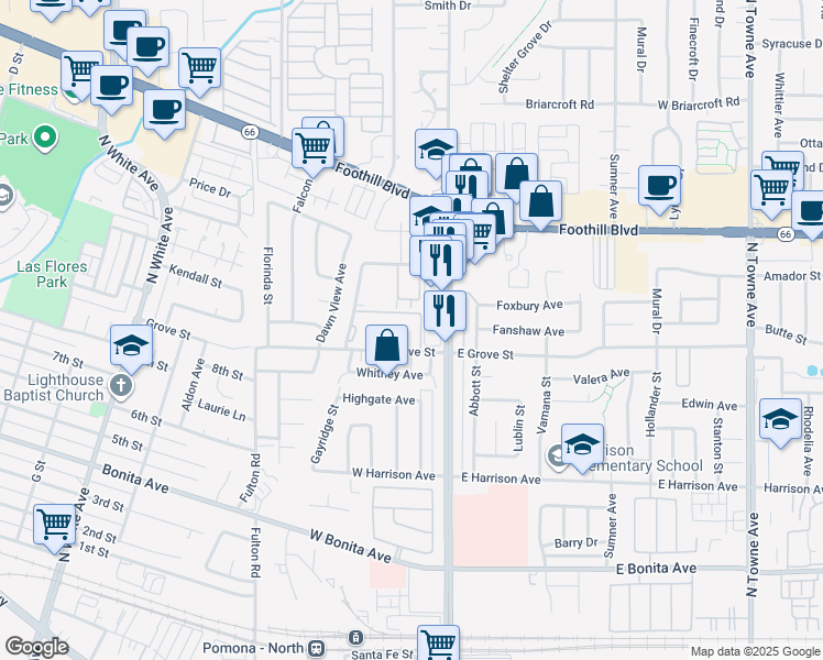 map of restaurants, bars, coffee shops, grocery stores, and more near 235 West Grove Street in Pomona