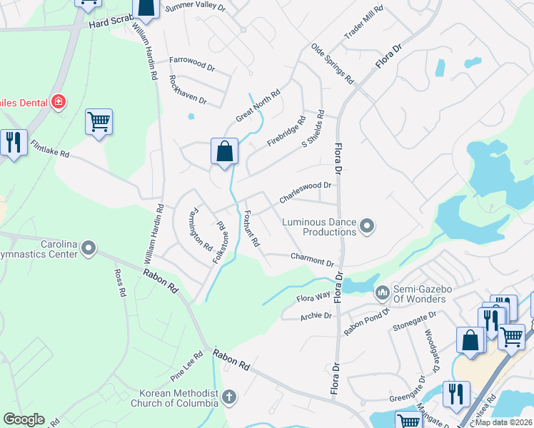 map of restaurants, bars, coffee shops, grocery stores, and more near 160 Westbridge Road in Columbia