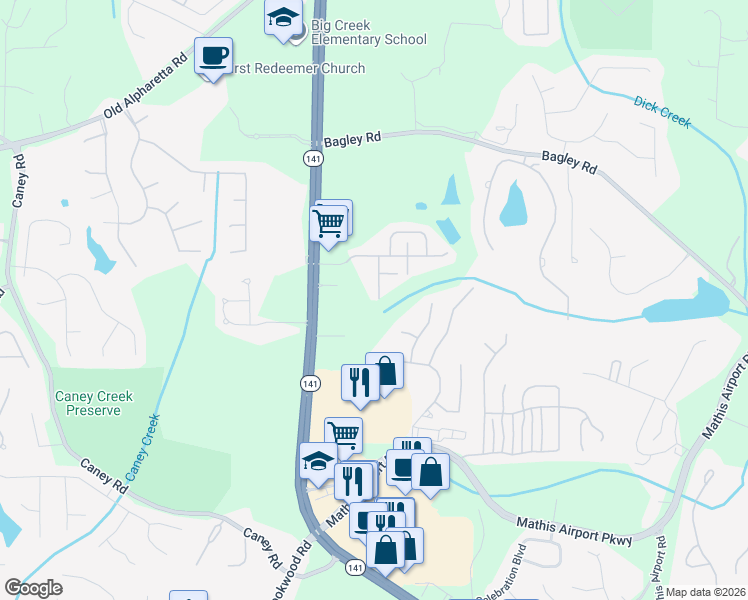 map of restaurants, bars, coffee shops, grocery stores, and more near 2580 Wentwood Court in Cumming