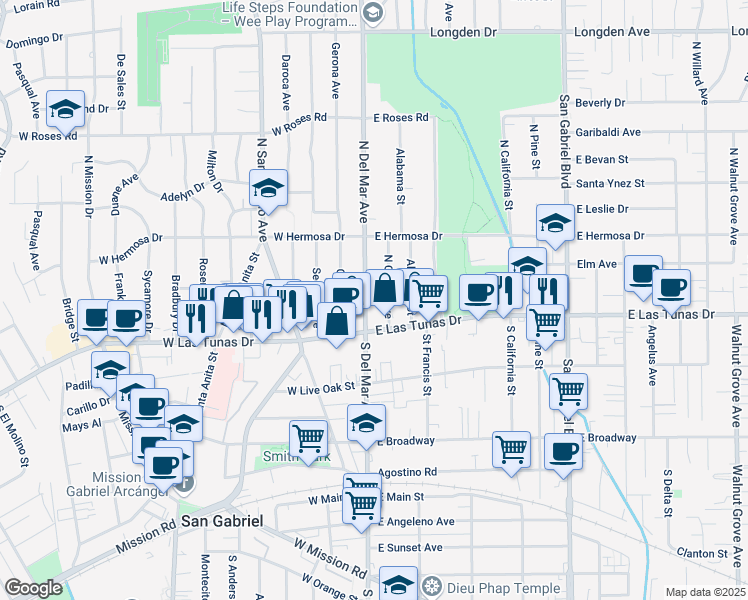 map of restaurants, bars, coffee shops, grocery stores, and more near 124 North Del Mar Avenue in San Gabriel