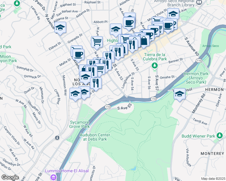 map of restaurants, bars, coffee shops, grocery stores, and more near 5105 Bomer Drive in Los Angeles