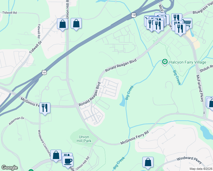 map of restaurants, bars, coffee shops, grocery stores, and more near 7355 Winthrop Road in Alpharetta