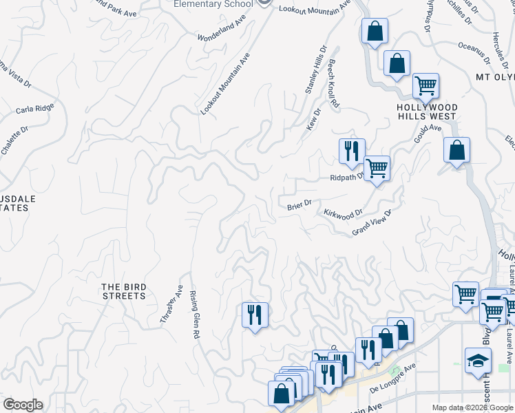 map of restaurants, bars, coffee shops, grocery stores, and more near Blue Heights Drive in West Hollywood
