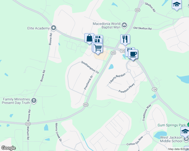 map of restaurants, bars, coffee shops, grocery stores, and more near 49 Prestwick Drive in Hoschton