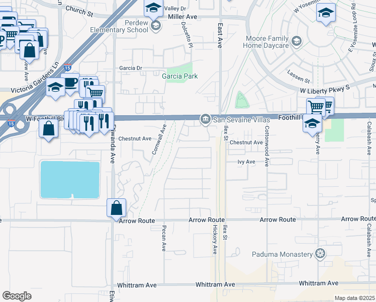 map of restaurants, bars, coffee shops, grocery stores, and more near 13175 Winslow Drive in Rancho Cucamonga