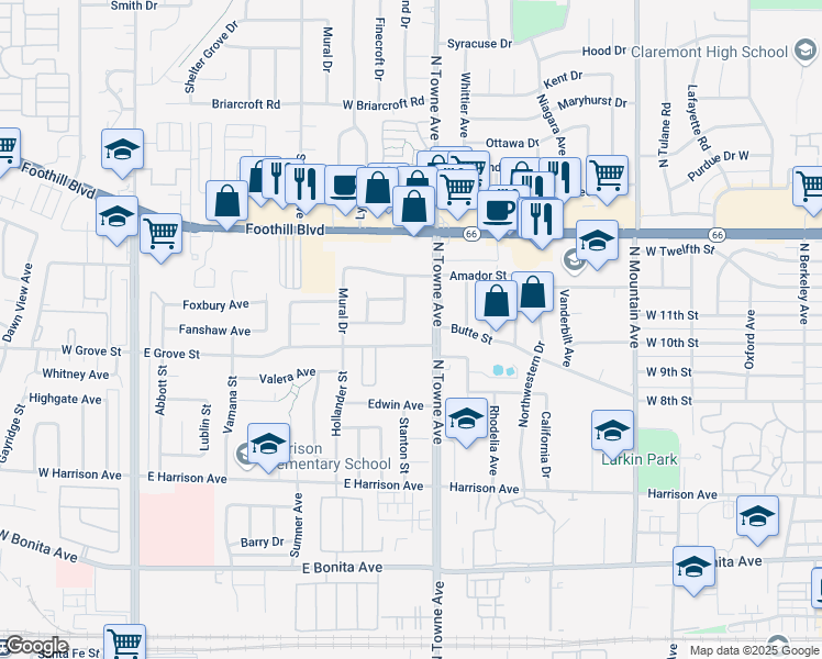 map of restaurants, bars, coffee shops, grocery stores, and more near 642 Foxpark Drive in Claremont
