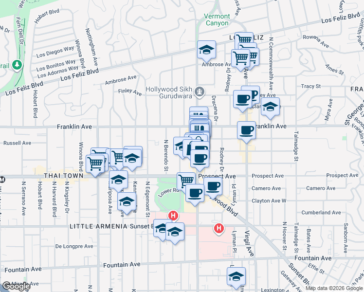 map of restaurants, bars, coffee shops, grocery stores, and more near 1808 North New Hampshire Avenue in Los Angeles