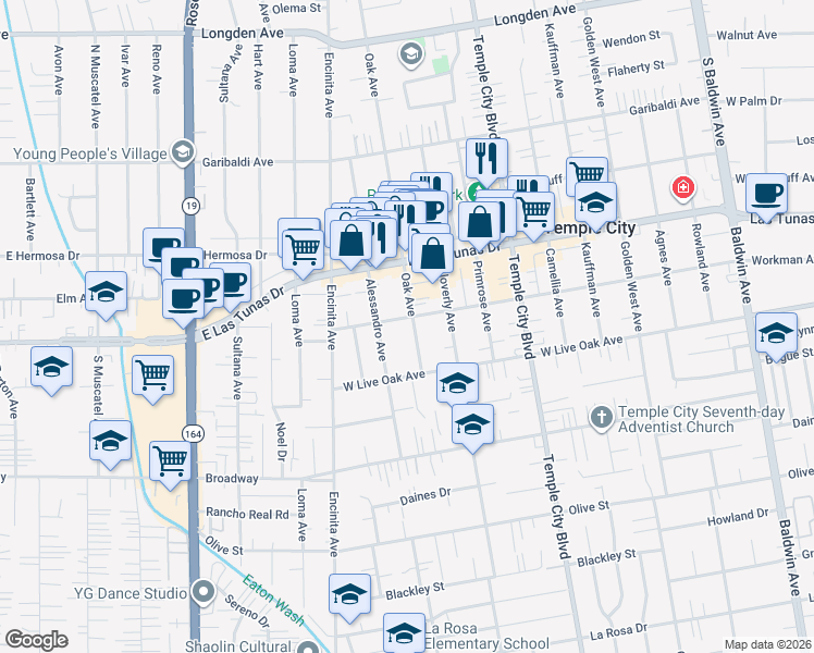 map of restaurants, bars, coffee shops, grocery stores, and more near 5755 Oak Avenue in Temple City