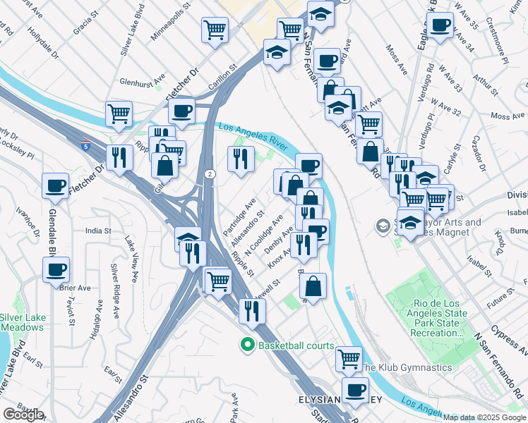 map of restaurants, bars, coffee shops, grocery stores, and more near 2876 Allesandro Street in Los Angeles