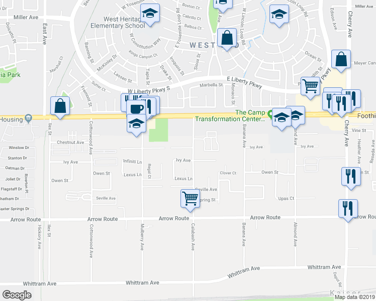 map of restaurants, bars, coffee shops, grocery stores, and more near 13889 Cobblestone Court in Fontana