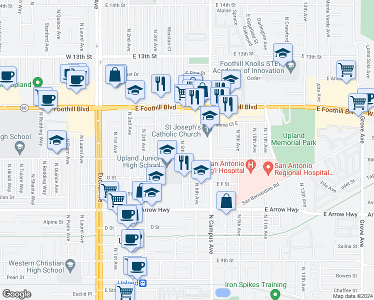 map of restaurants, bars, coffee shops, grocery stores, and more near 828 North 5th Avenue in Upland